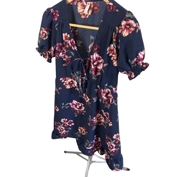 Xhilaration Navy Floral V Neck Faux Wrap Ruffle Hem Knee Length Dress Sz XS - Picture 4 of 11